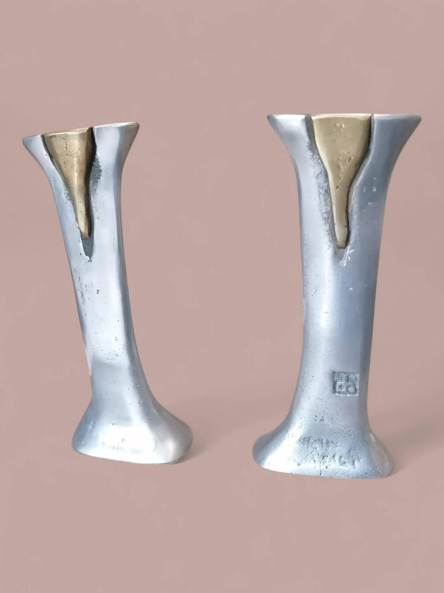 Pair of brutalist candlesticks in bronze and aluminum - David Marshall.