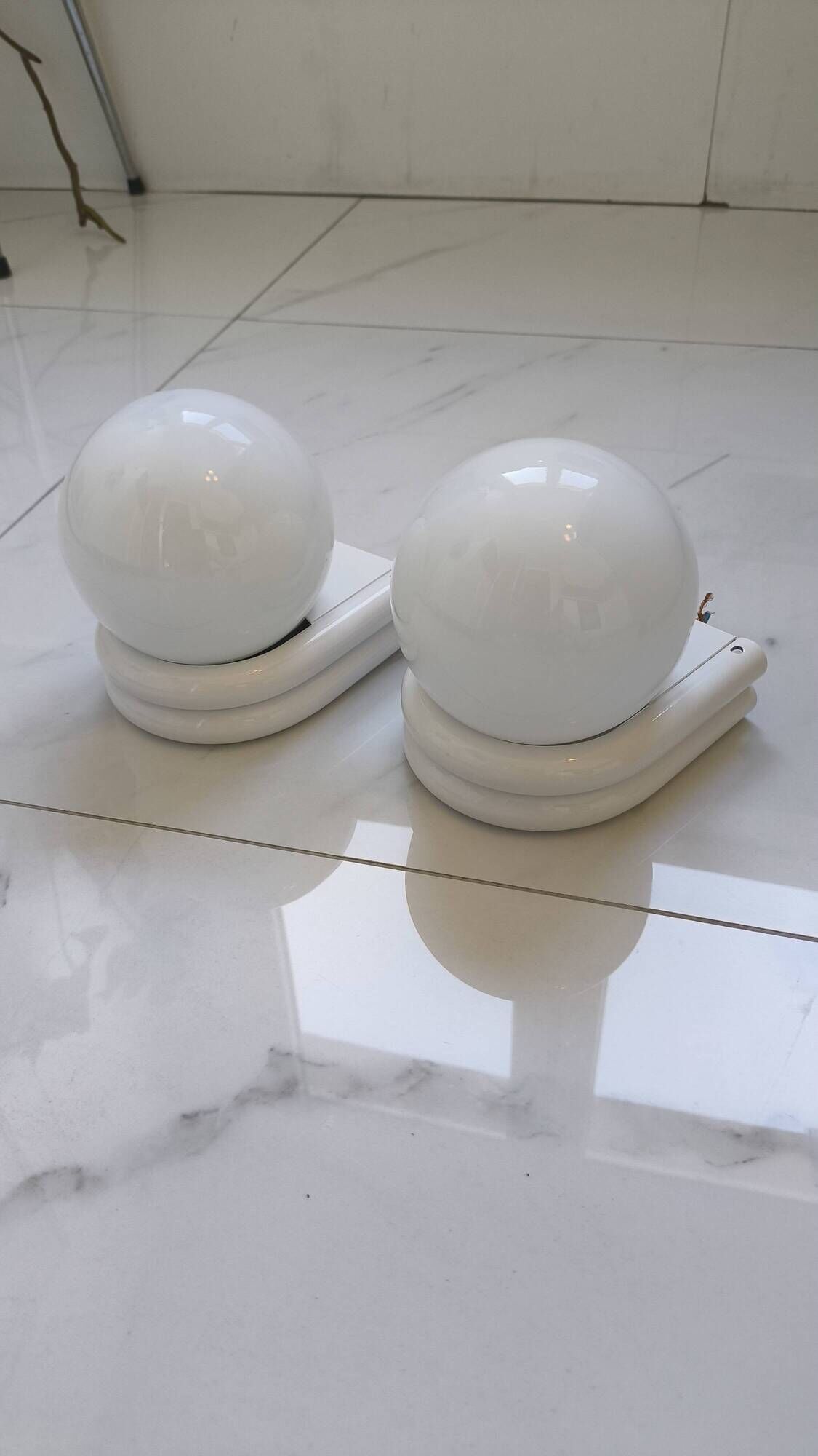 pair of 1980s wall sconces in metal and opaline