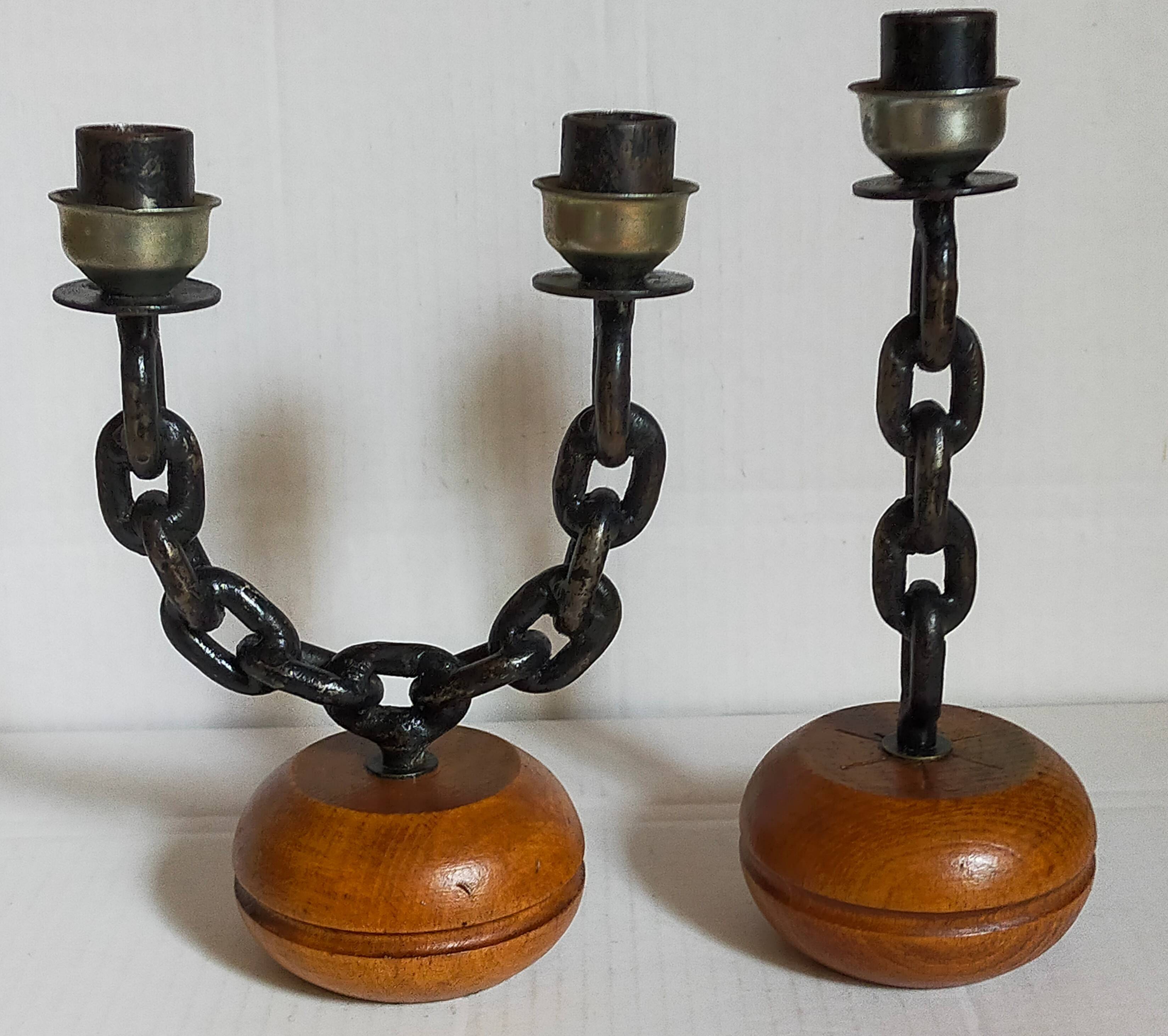 Duo of brutalist Art-popular candlesticks 50s