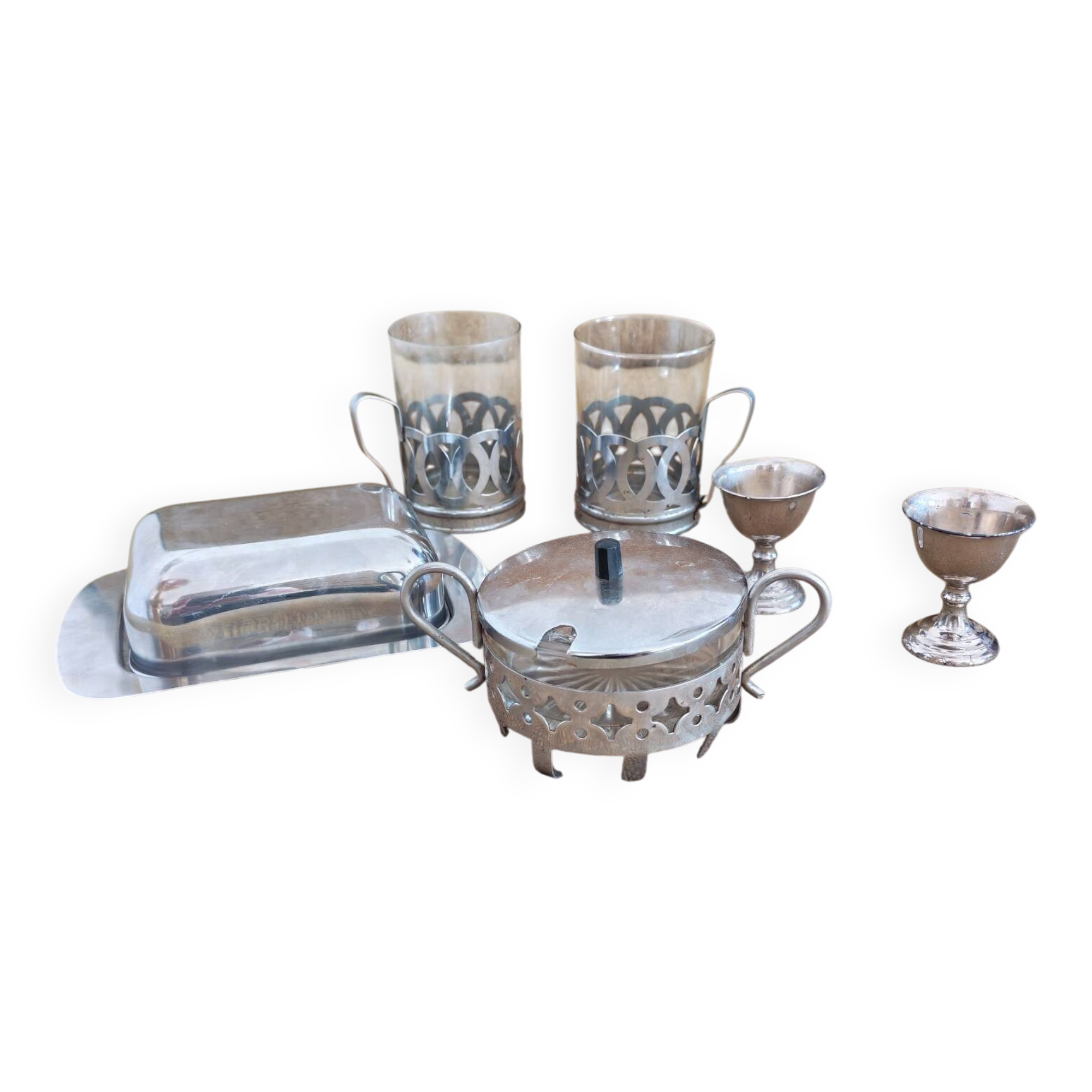 Vintage glass and silver metal breakfast set