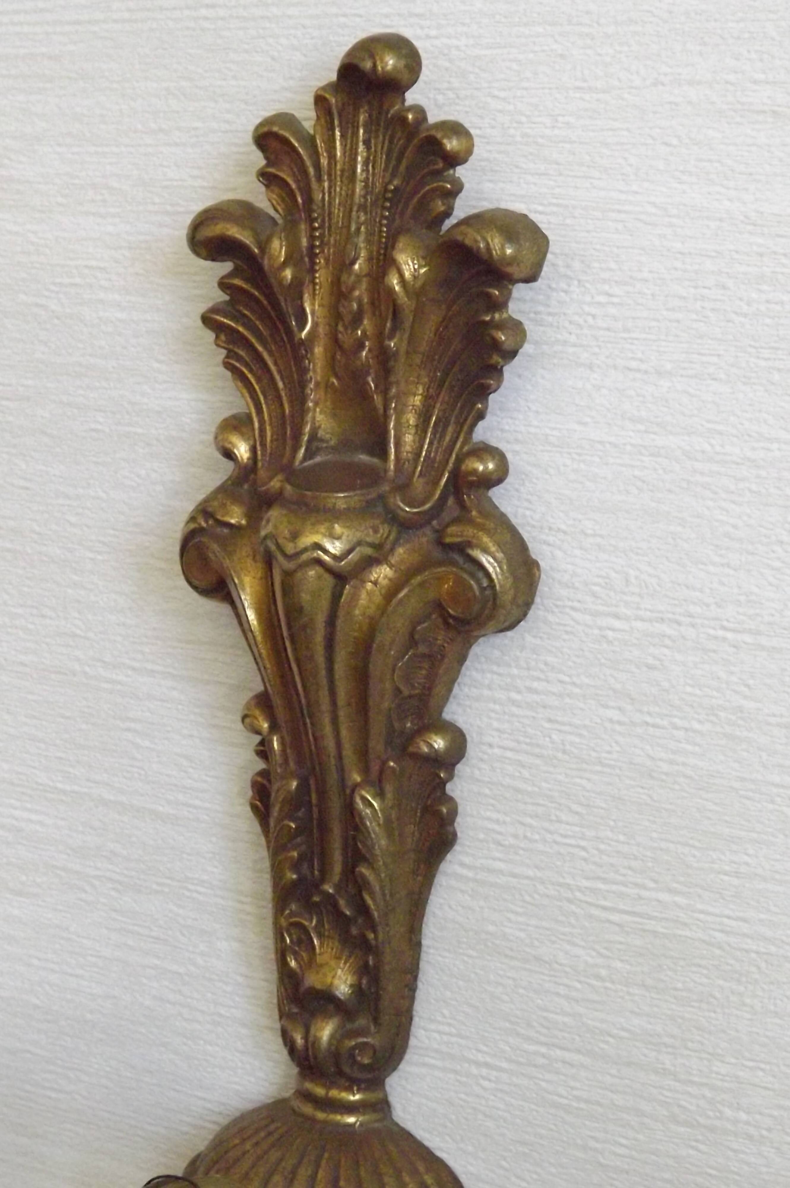 Pair French Gilt Bronze Single Wall Sconces Leaf & Feather Plume Detail