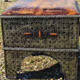 2 oriental stools/poufs in wood/metal/leather