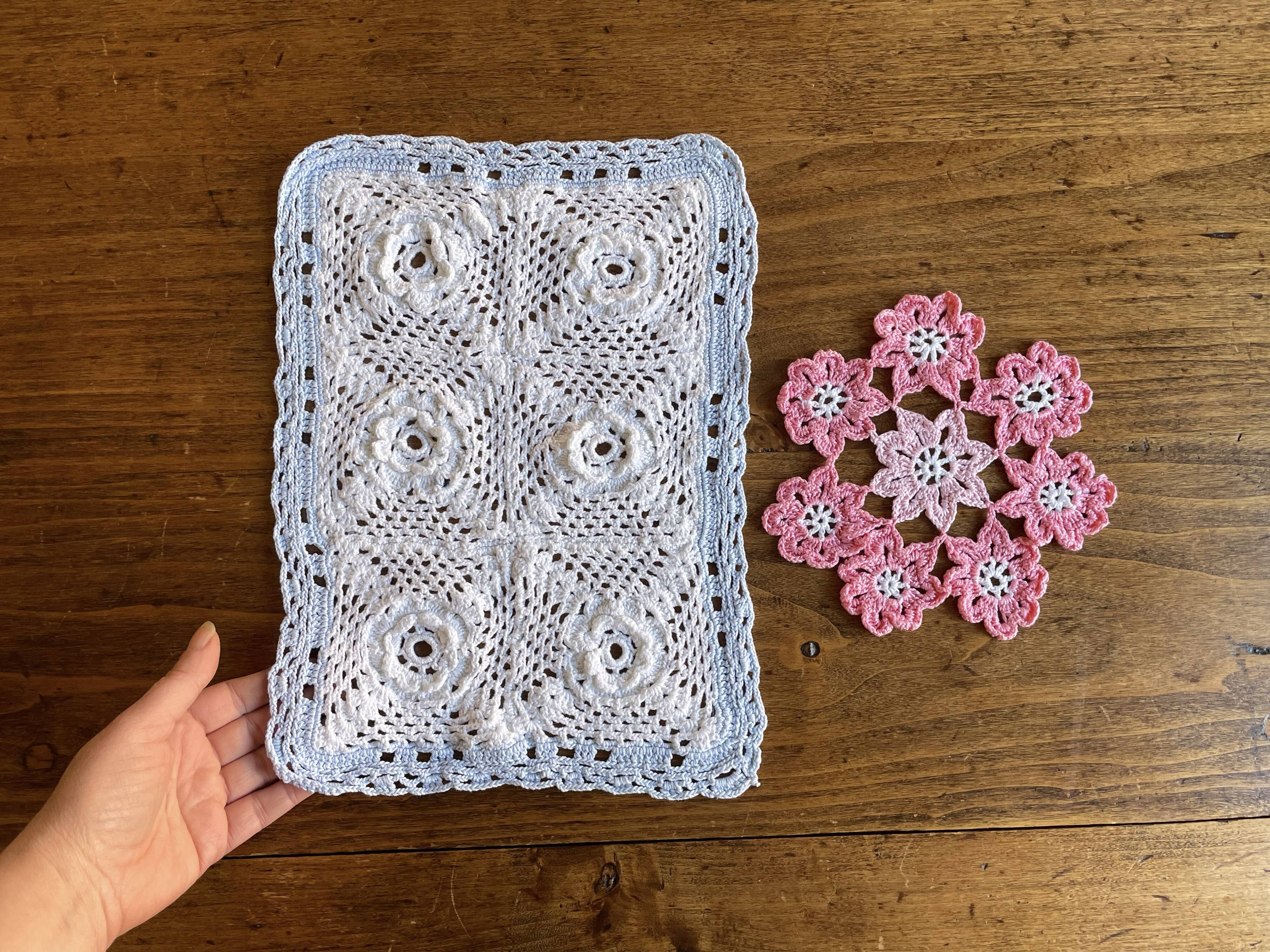 Set of 2 vintage crochet placemats - white, pink and blue
