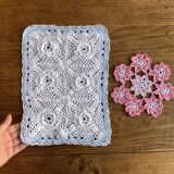 Set of 2 vintage crochet placemats - white, pink and blue