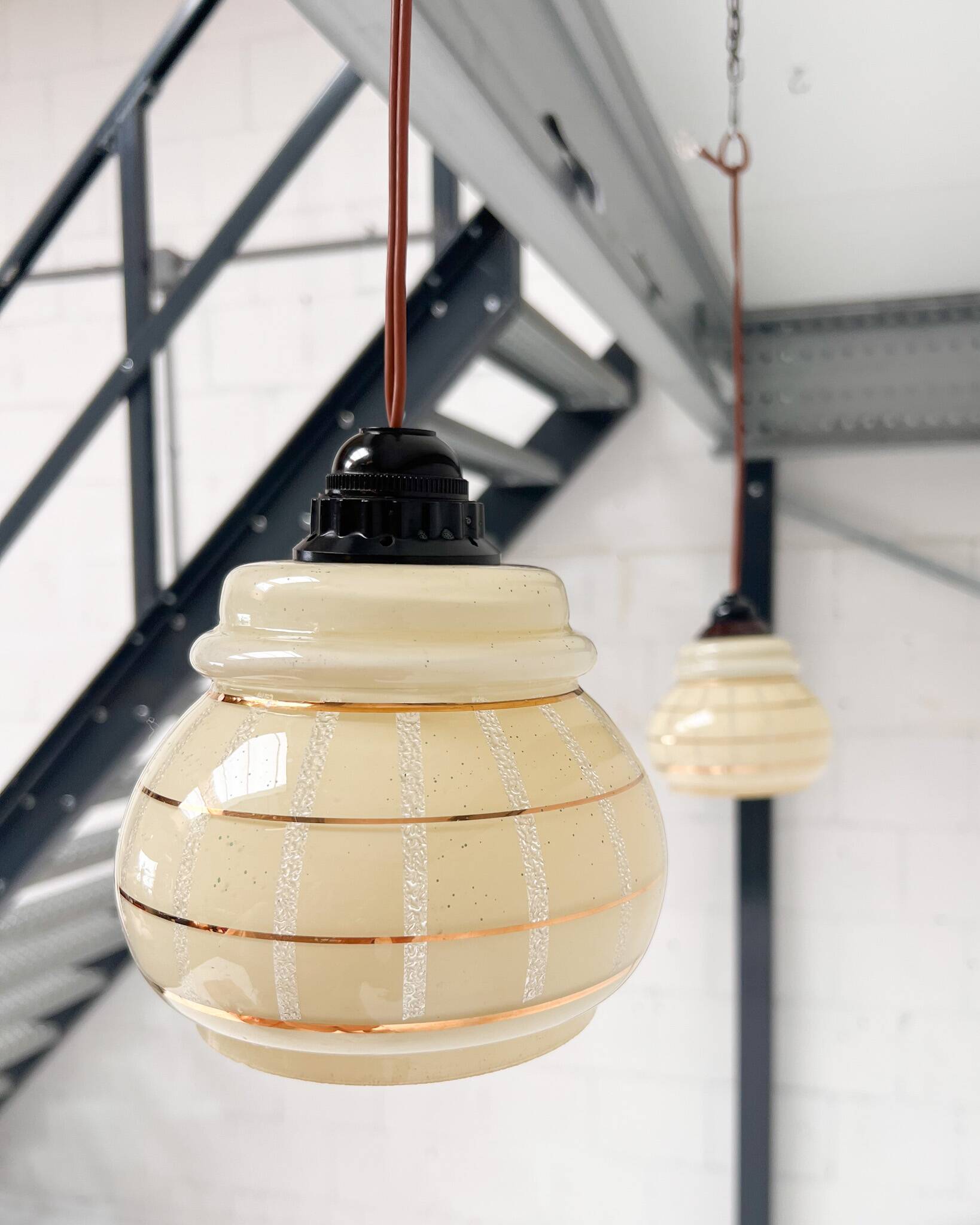 Set of 2 vintage ceiling lamps with golden lines, 1960s