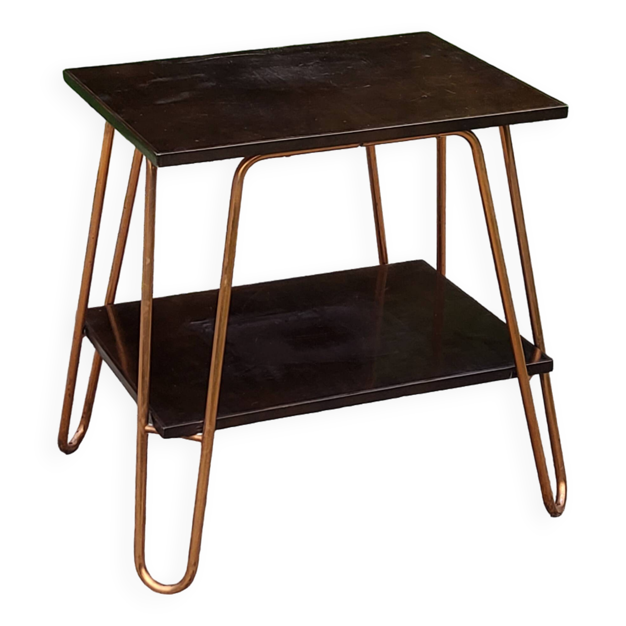 Vintage double wooden side table with copper base from the 50s