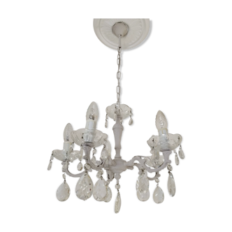 Old chandelier with tassels, in taupe gray patinated bronze, 5 lights, shabby chic