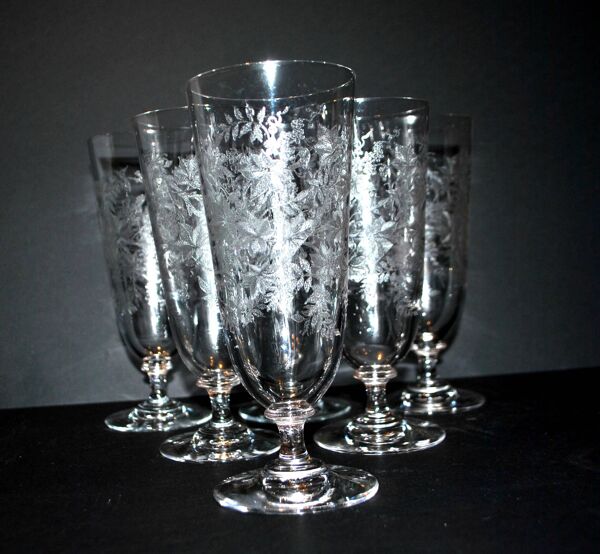 Lot 6 verres à bière verrerie portieux bocks bistrot gravé acide 1920-1930