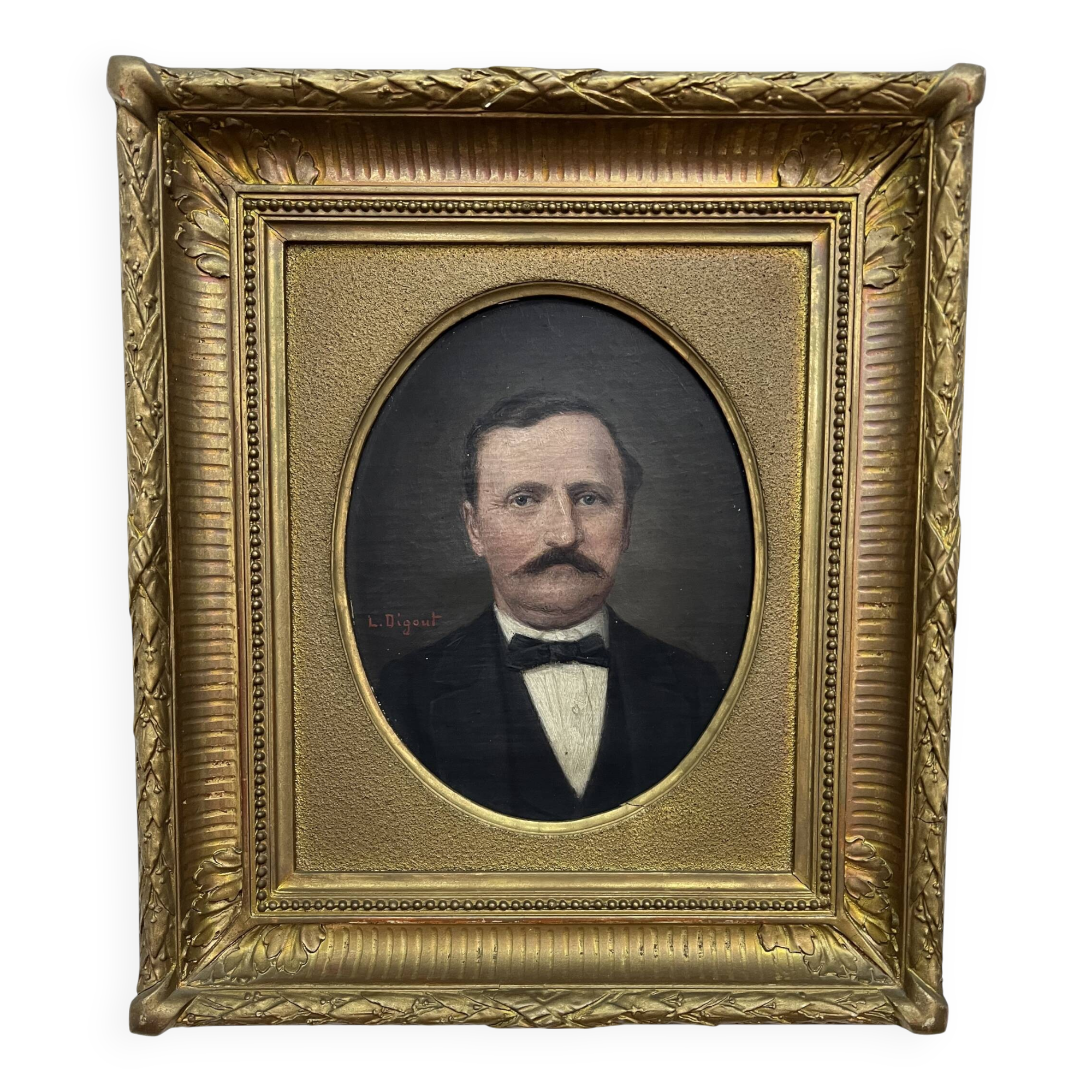 Portrait, oil on canvas of a man with a moustache signed Louis Joseph Digout, 19th century.