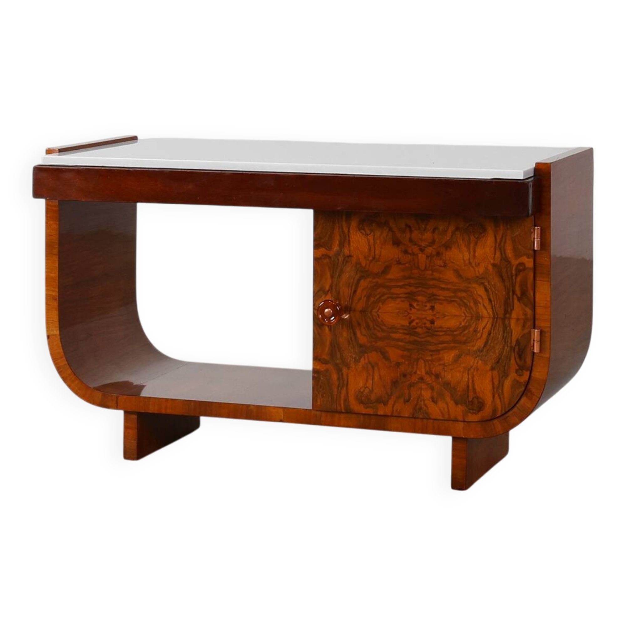 Belgian Art Deco Cabinet in Burl Veneer with Marble and Glass, circa 1930