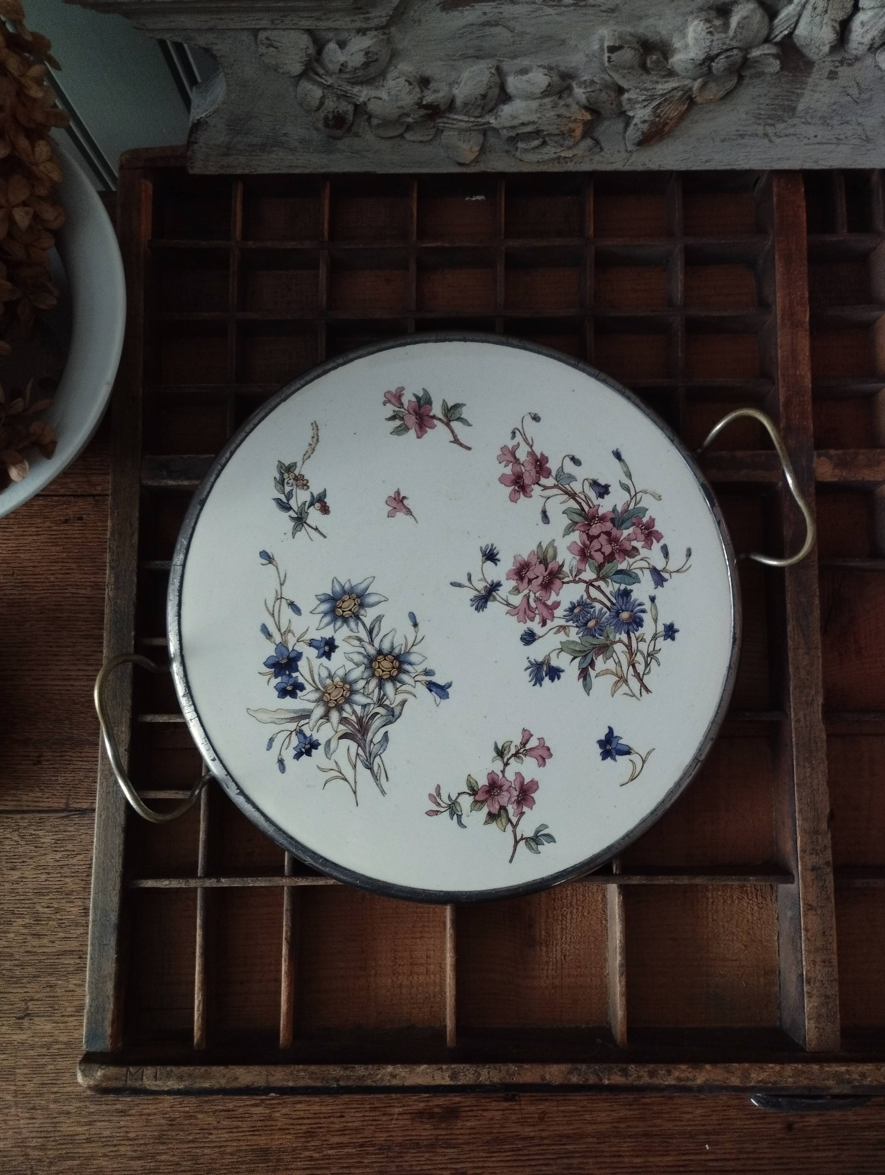 Sarreguemines Digoin “Righi” earthenware tray, metal rim and handles.