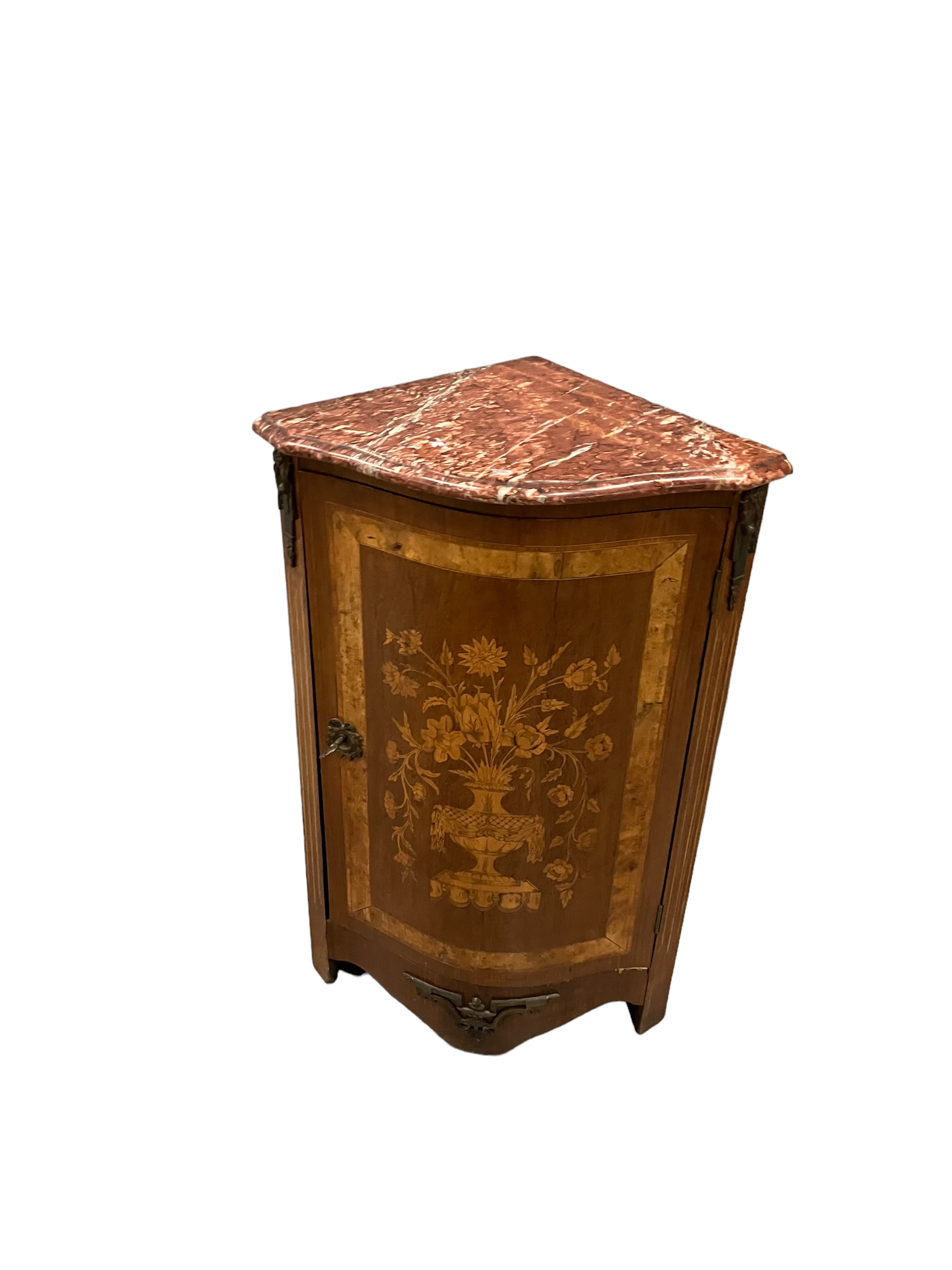 Buffet d'encoignure décor marqueté au vase fleuri de style Louis XVI