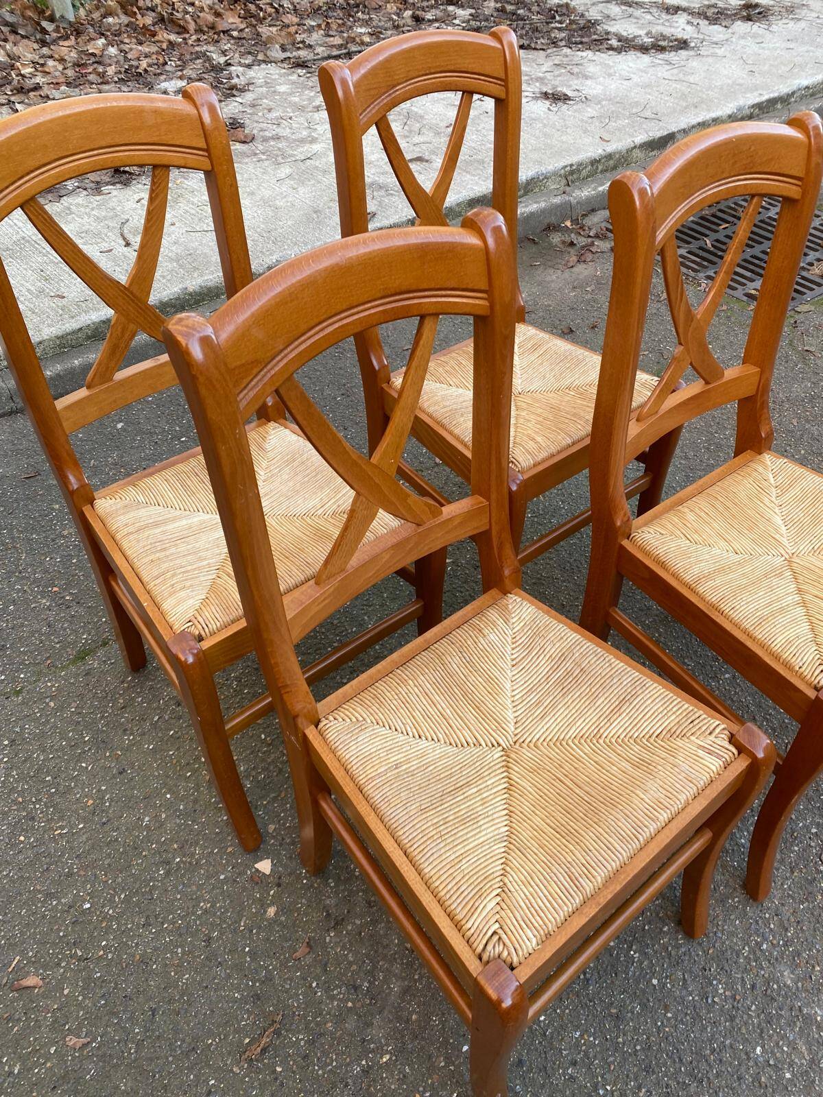 4 medium beech solid wood chairs with rush seats in Louis Philippe style