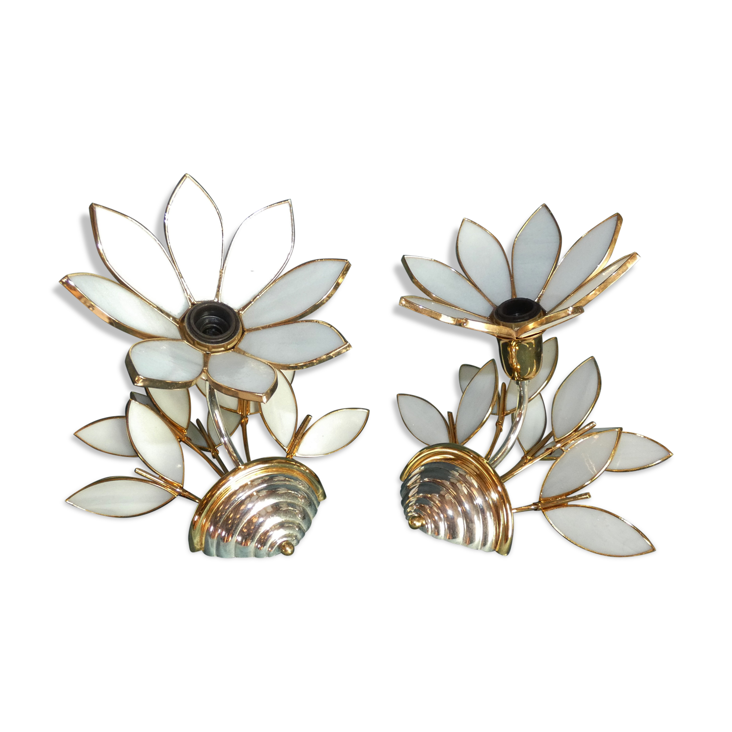 Pair Applique Bouquet of Flowers Glass Pate Structure Metal Silver and Golden Fine Gold