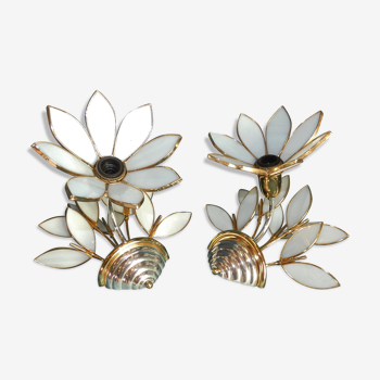 Pair Applique Bouquet of Flowers Glass Pate Structure Metal Silver and Golden Fine Gold