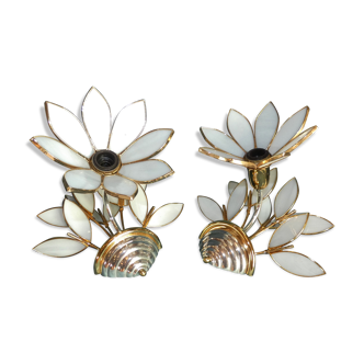 Pair Applique Bouquet of Flowers Glass Pate Structure Metal Silver and Golden Fine Gold