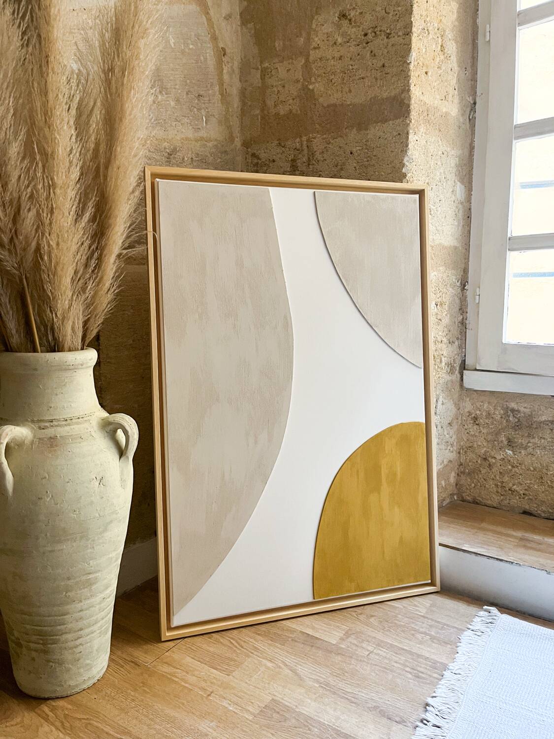 Minimalist yellow and beige linen relief painting