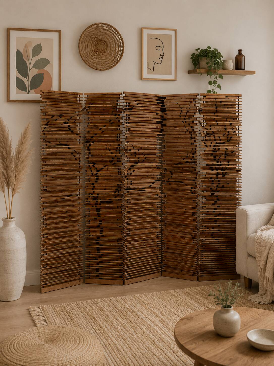 Paravent en bois à lattes, décor végétal noir