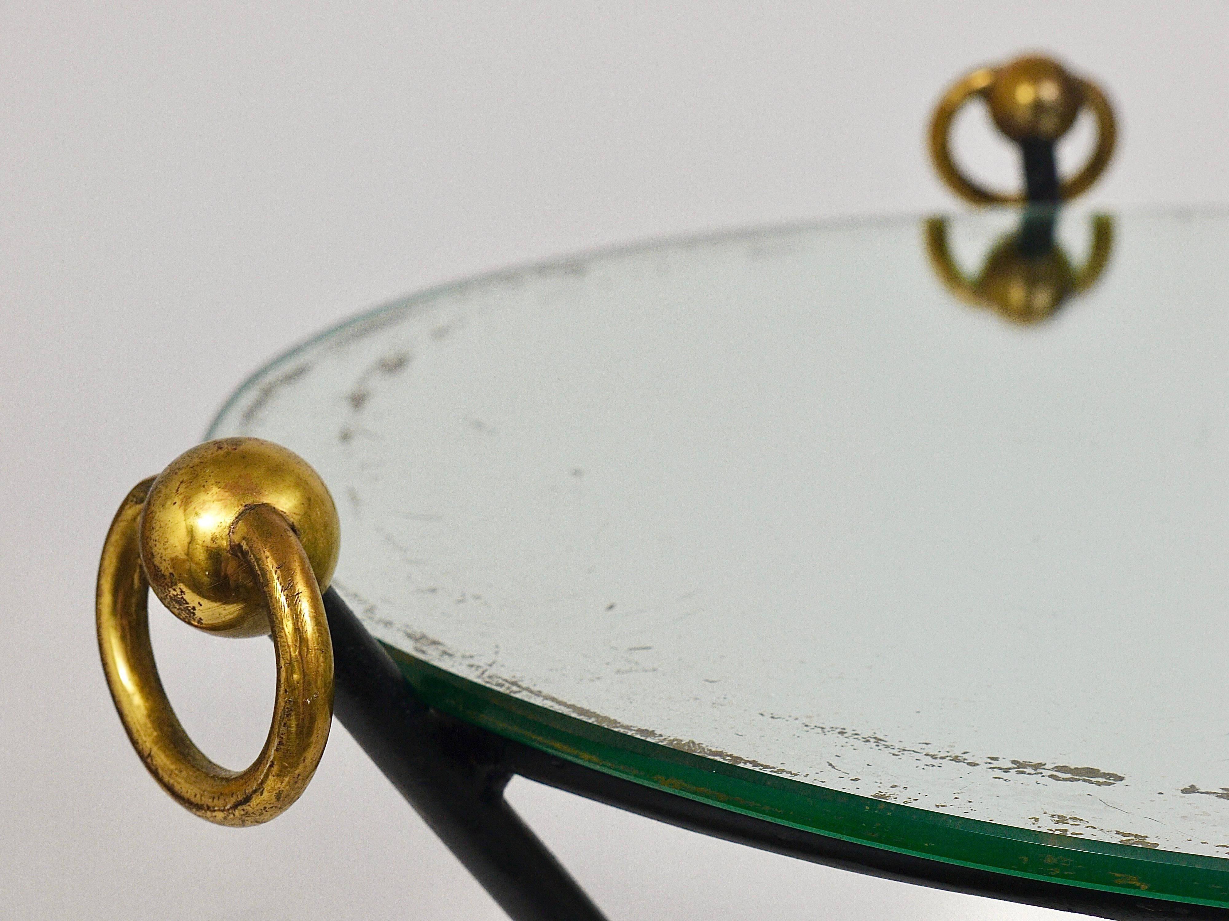 French mid-century mirror side table, Jacques Adnet style, brass, 1950s.
