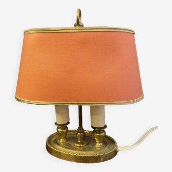 Lampe bouillotte en bronze double feux avec abat-jour tissu petit modèle