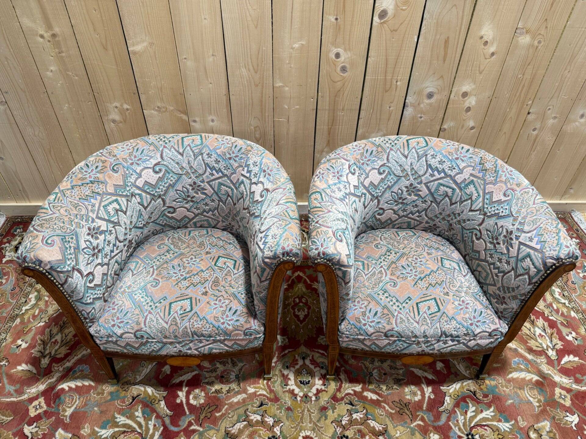 Paire de fauteuils - bergères époque Art Déco en velours coloré