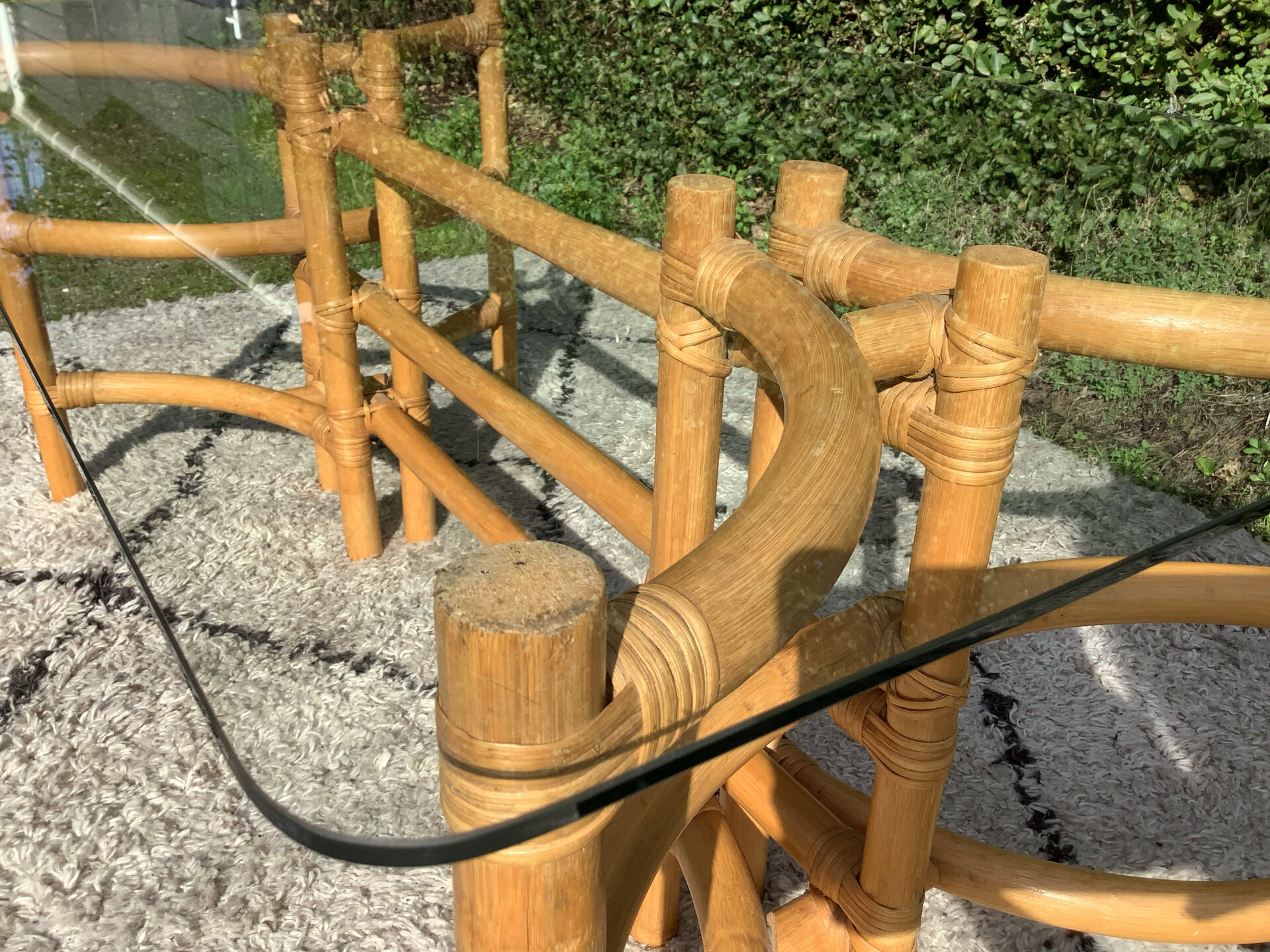 1970s rattan and glass coffee table