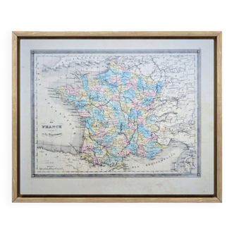 France and departments, old map, printed in 1852. Authentic.