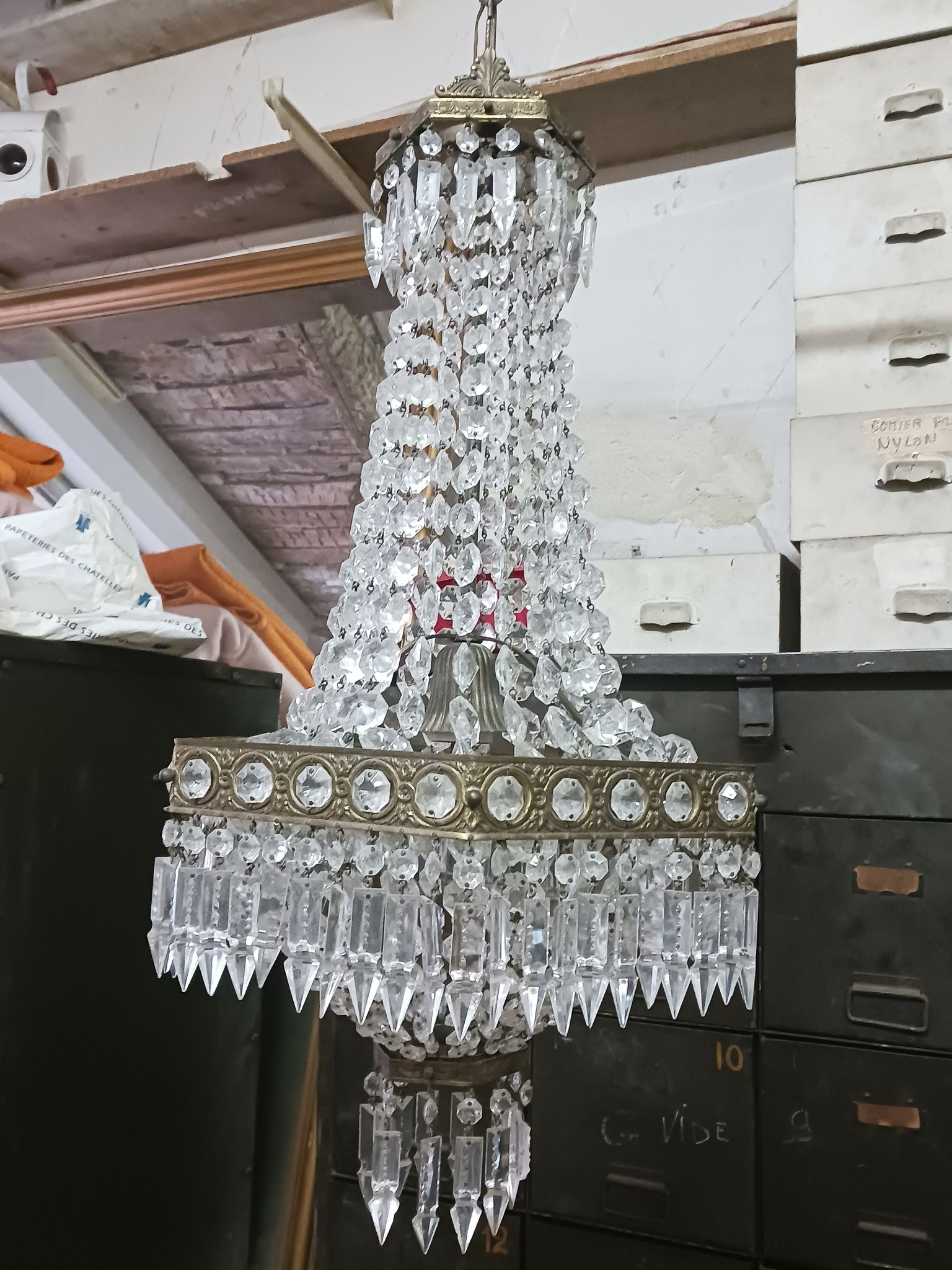 Hexagonal hot air balloon chandelier, glass pendilles, first half of the XX th