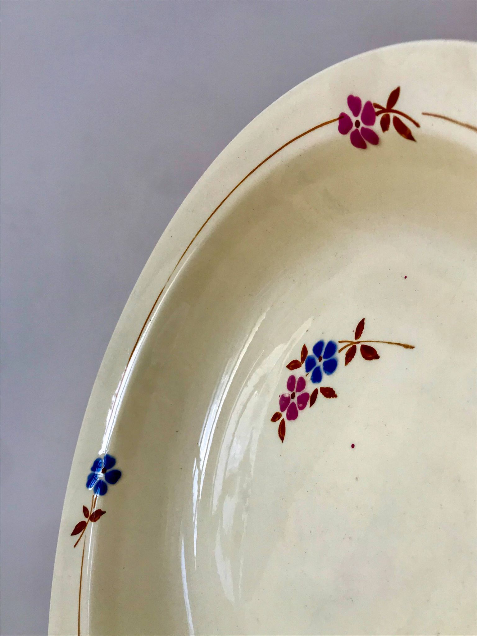 Salad bowl / hollow dish Saint Amand / Céranord hand-painted pink and blue flowers, 1940s