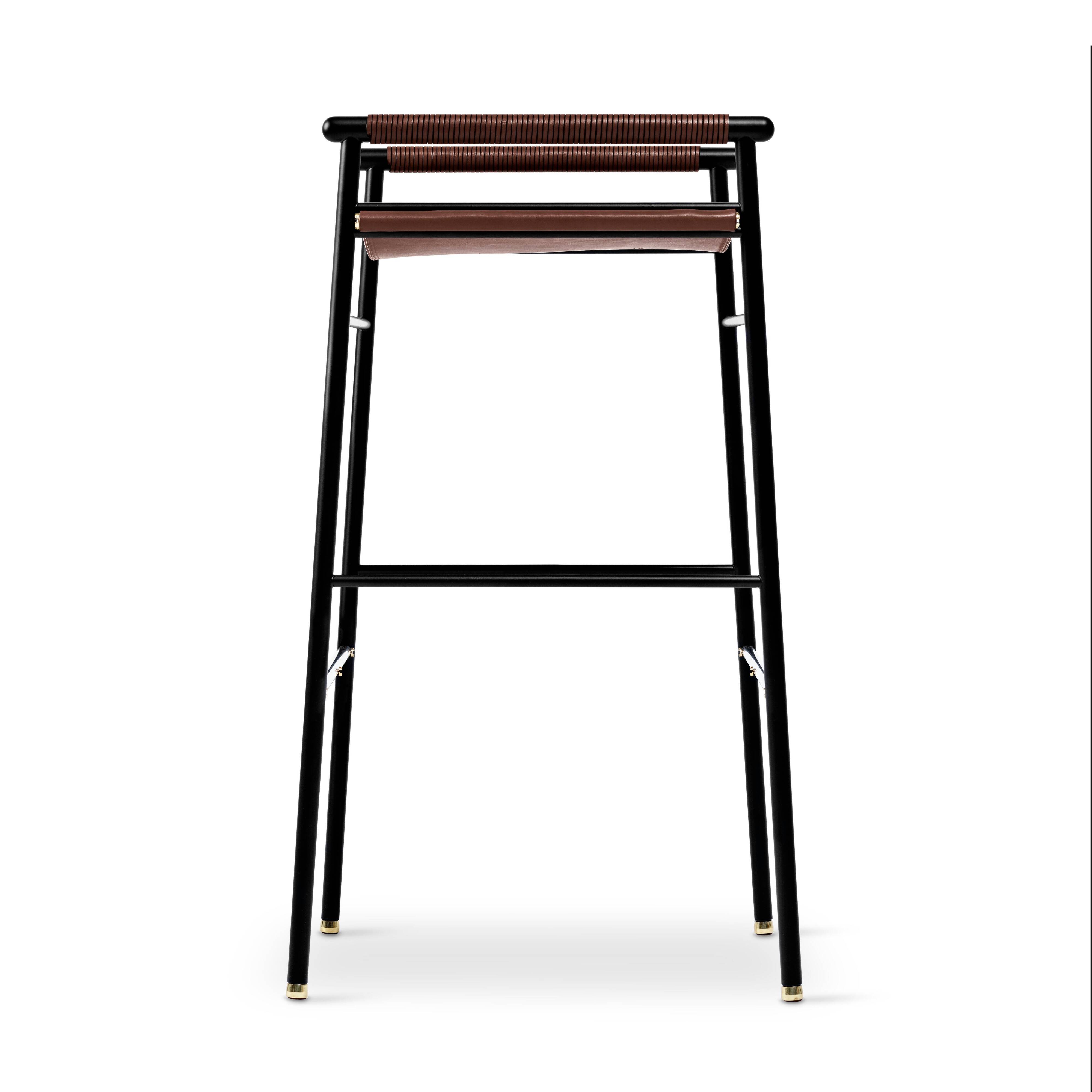 Lote de 5 Taburete de Bar Clásico Contemporáneo Marrón Oscuro Piel Goma Negra Metal
