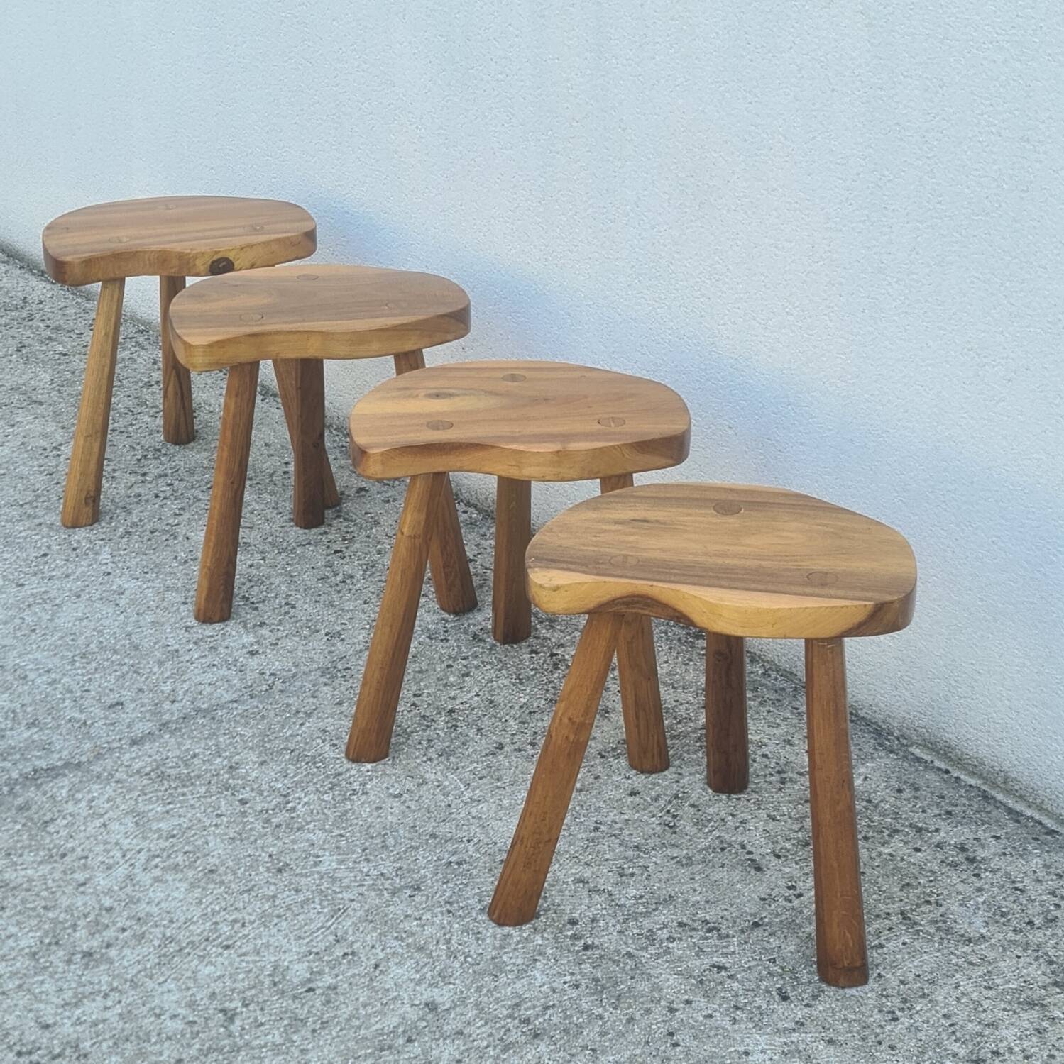 4 Vintage tripod stools, solid wood, brutalist, circa 1960