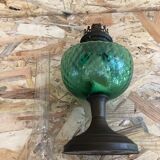 Old kerosene lamp, brass pedestal & green glass body + vintage glass tube