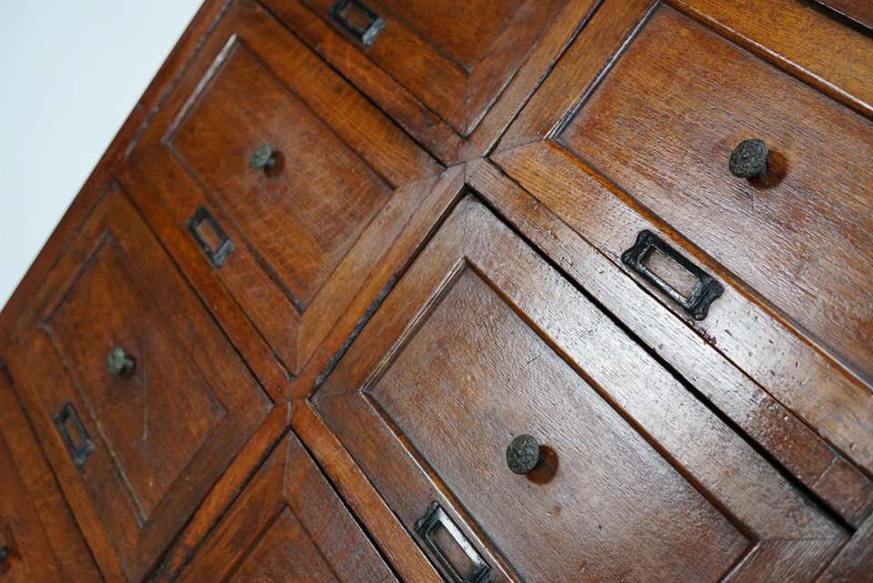 1870s oak apothecary cabinet