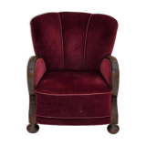 1950s, Danish relax armchair, cherry-red furniture velour, dark beech wood.