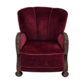 Fauteuil danois en velours rouge et hêtre, années 1950