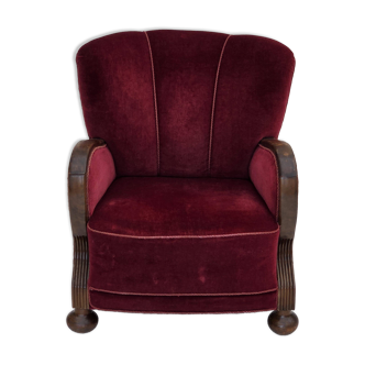 1950s, Danish relax armchair, cherry-red furniture velour, dark beech wood.