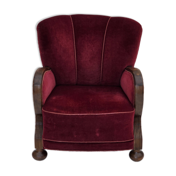1950s, Danish relax armchair, cherry-red furniture velour, dark beech wood.