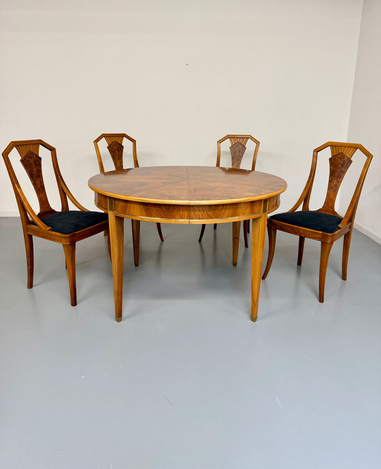 4 walnut burl wood chairs from the 1920s Art Nouveau period.