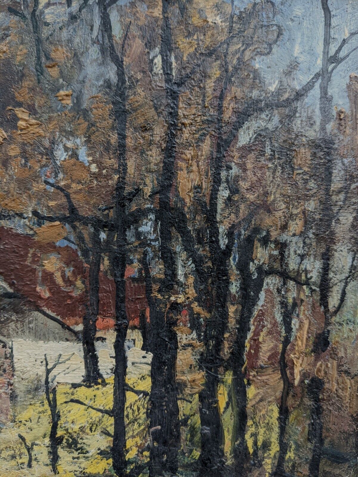 Mid-Century Modern "Cottage in the Forest" Swedish Vintage Expressionist Landscape Oil Painting, Fra