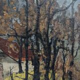 Mid-Century Modern "Cottage in the Forest" Swedish Vintage Expressionist Landscape Oil Painting, Fra