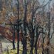 Peinture à l’huile, milieu du siècle moderne « chalet dans la forêt » suédois vintage expressionniste paysage