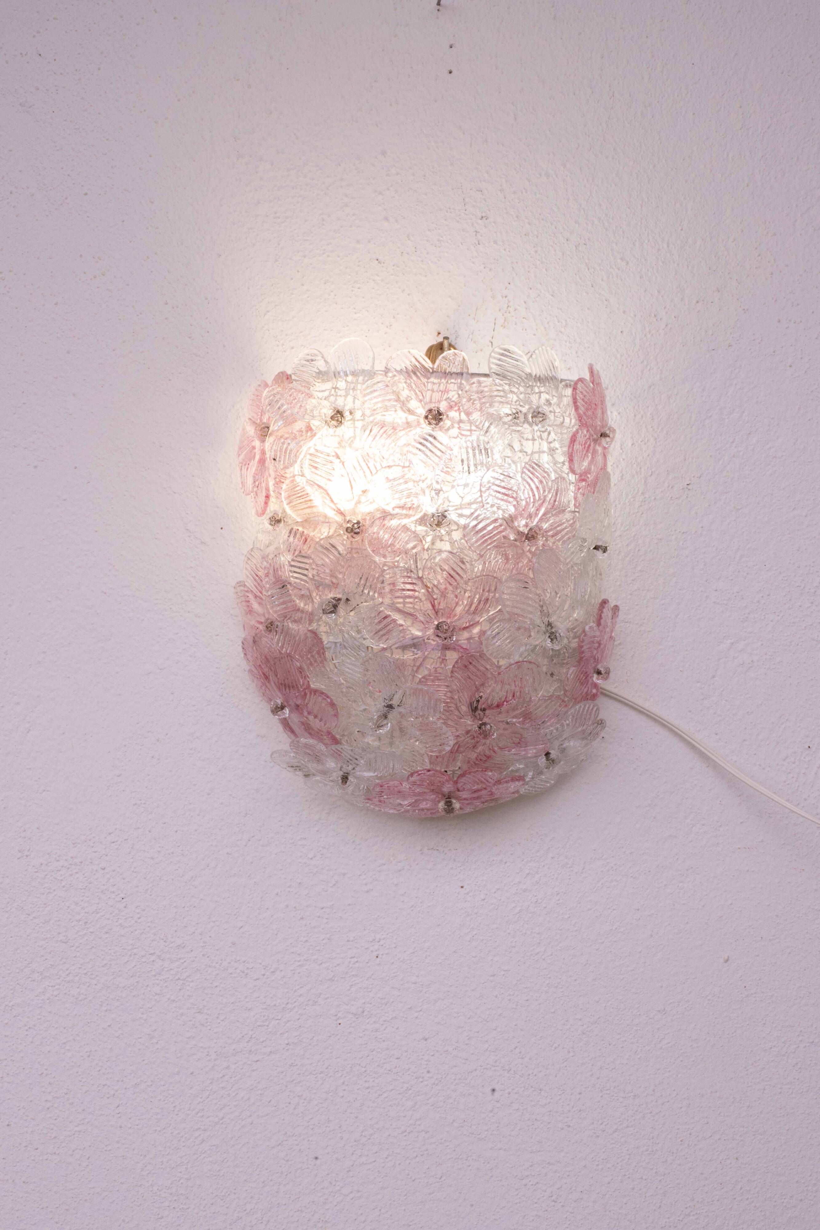 Set of 2 Murano Wall Light Pink Flower by Seguso, 1970