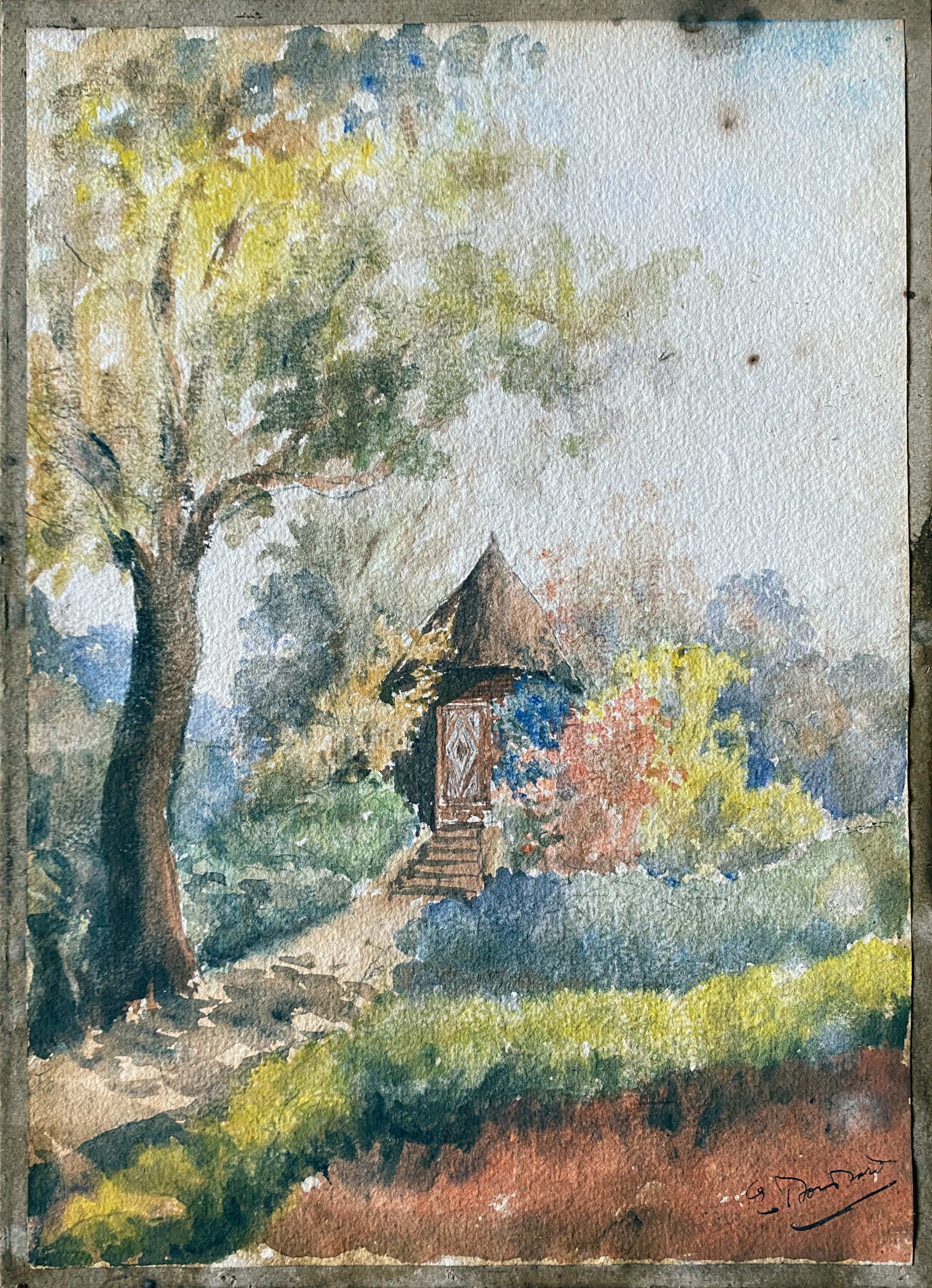 Watercolor painting "The cabin in the garden" late nineteenth century