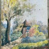 Watercolor painting "The cabin in the garden" late nineteenth century