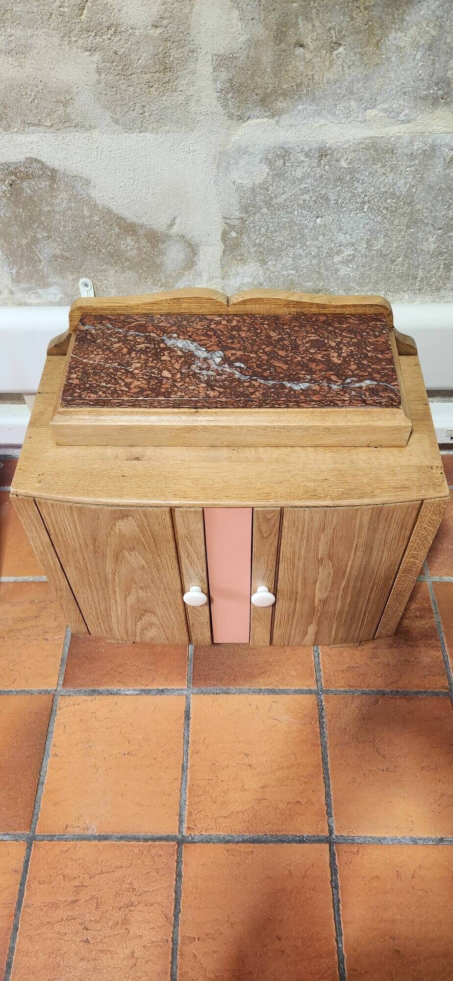 wood and marble bedside table revamped in terracotta