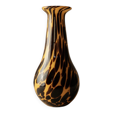 Vintage Murano glass vase from the 1990s, yellow art glass with black spots, postmodern Italian design.