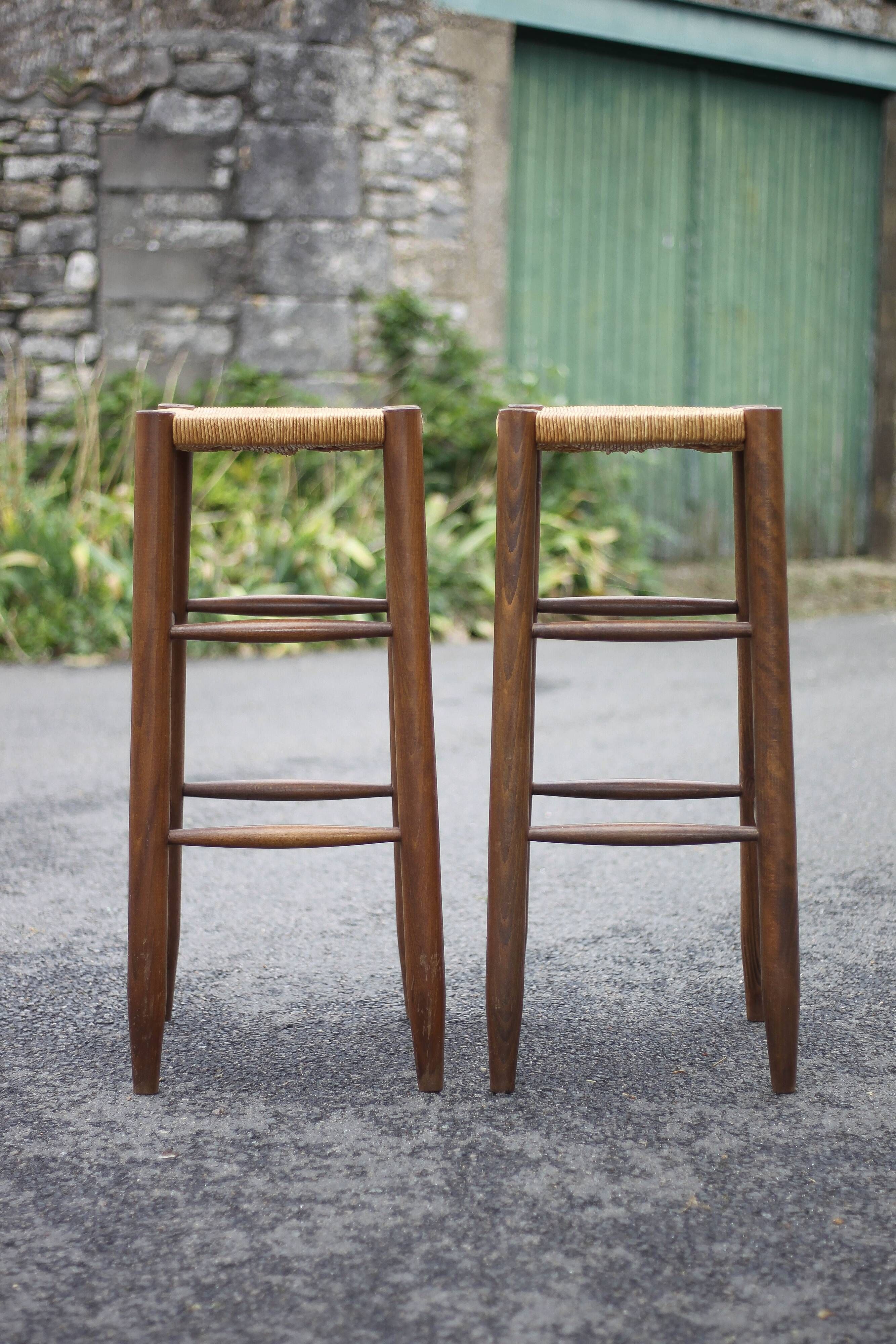 Pair of bar stools, wooden and straw stool, vintage bar stool, vintage stool, decoration