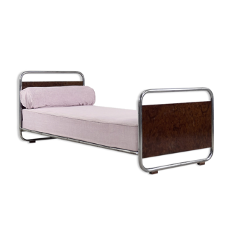 Vintage Art Déco Streamline Burled Wood Tubular Steel Bauhaus Bed, 1920s