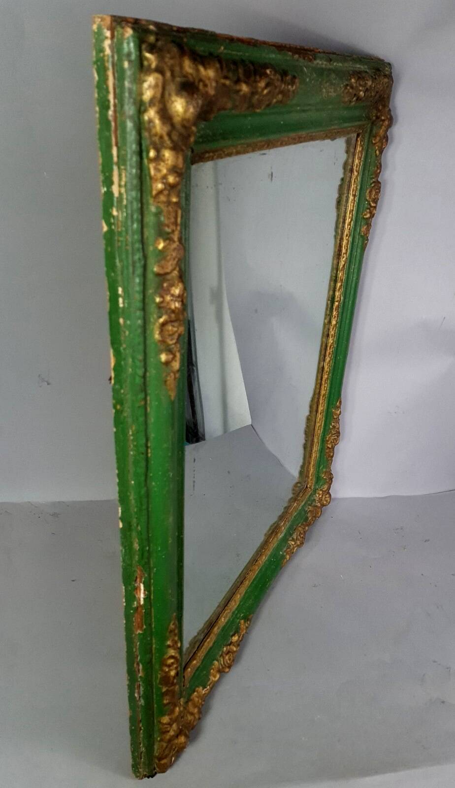 Antique mirror with green and gold stucco wood frame 73x62 cm C626