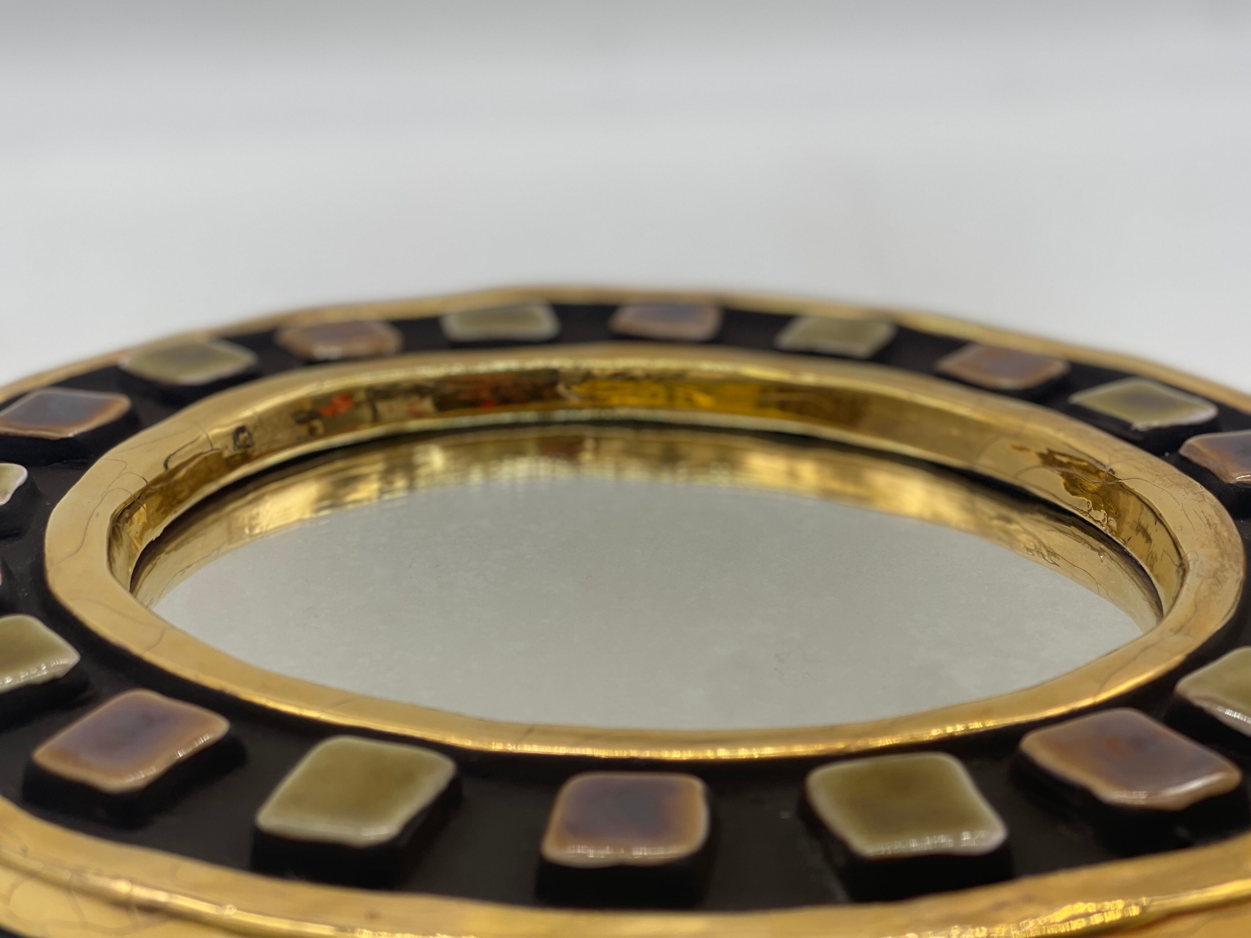 Golden ceramic mirror by Mithé Espelt 1960 24cm